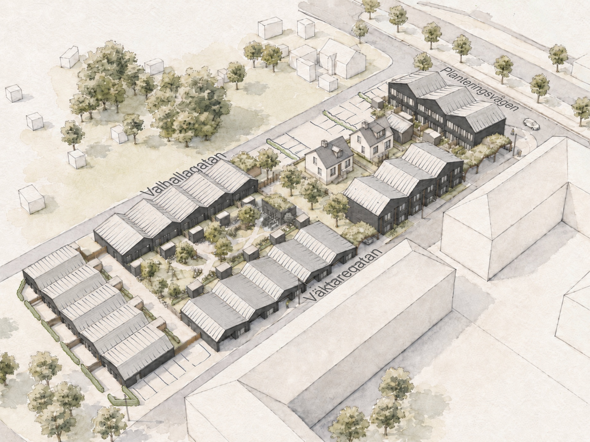 Illustrerad översiktsvy av Brf Linnés Grönska med Valhallagatan, Väktaregatan och Planteringsvägen